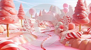 Enchanting 3D sweetscape: whimsical candy land features chocolate rivers and candy cane trees, evoking a magical and
