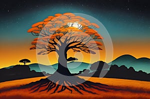 Enchanting Aboriginal Night: Lone Tree Under Starry Sky Painting for Wall Art