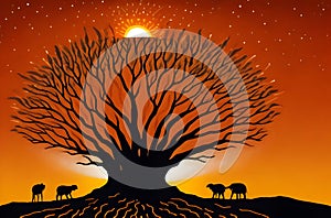 Enchanting Aboriginal Night: Lone Tree Under Starry Sky Painting for Wall Art