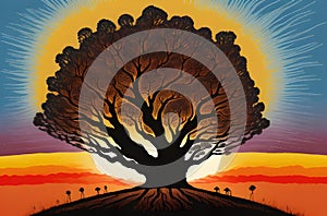 Enchanting Aboriginal Night: Lone Tree Under Starry Sky Painting for Wall Art