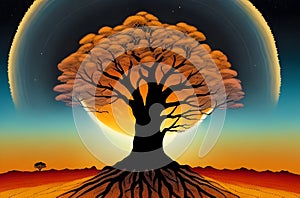 Enchanting Aboriginal Night: Lone Tree Under Starry Sky Painting for Wall Art