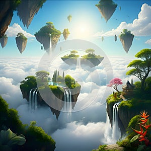 AI Generated: Floating Islands with Waterfalls, House, and Lush Vegetation photo