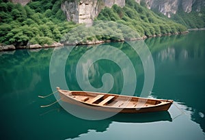 Serene Waterscape: A Humble Wooden Boat Amid Towering Cliffs and Lush Vegetation photo