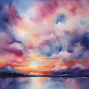 Celestial Harmony: Watercolor Painting of Ethereal Clouds photo