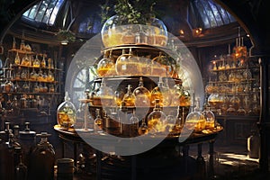 Enchanting Alchemists Laboratory with Bubbling Peach, Rose, and Coral Concoctions in Glass Vials