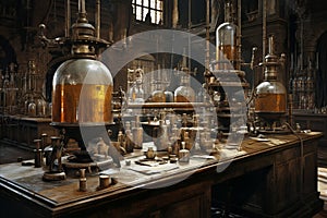 Enchanting Alchemists Laboratory. Bubbling Peach, Rose, and Coral Concoctions in Glass Vials