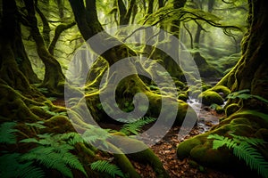 An enchanting, ancient forest with gnarled, moss-covered trees and a tranquil stream winding through a carpet of lush, green ferns