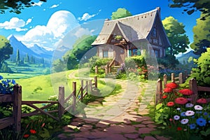 Enchanting anime cottage with an endless pathway