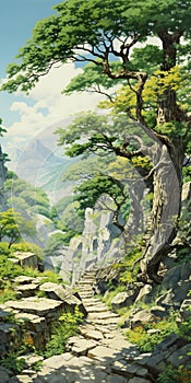 Enchanting Anime Forest Scene With Stone Path And Peculiar Oak