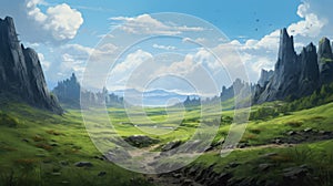 Enchanting Anime-inspired Fantasy Landscape With Majestic Mountains photo