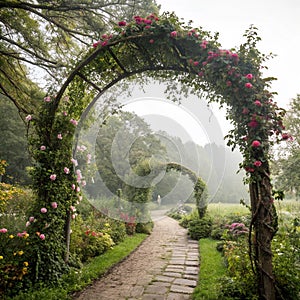 Fairy garden archway in enchanted landscape photo