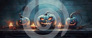 Enchanting Array of Mysterious Halloween Pumpkins in the Midnight Blue Darkness AI generated