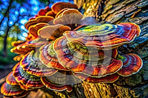 Enchanting Artists Conk Fungus on Weathered Tree Trunk A Macro Photography Study of Natures Beauty in Low Light photo