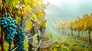Enchanting Autumn Fog: Captivating Blue Grape Rows in a German Vineyard