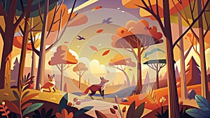 Enchanting Autumn Forest Scene with Playful Foxes and Falling Leaves