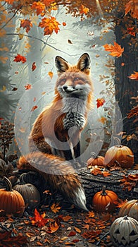 Enchanting Autumn Fox Amidst Falling Leaves and Pumpkins in a Misty Forest