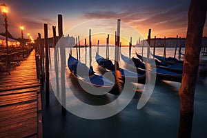 Enchanting beauty of a sunset in Venice, Italy. Gondolas gracefully parked along the serene shore, their reflections shimmering on