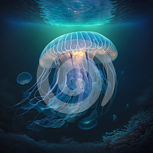 Enchanting bioluminescent jellyfish found in the depths of the ocean, Generative Ai