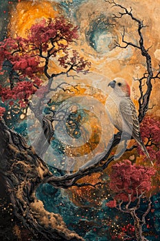Enchanting Bird on a Mystic Tree Branch Against an Atmospheric Fantasy Background with Autumn Colors