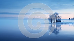 Enchanting Blue Hour: Foggy Lake And House In Indigo And Cyan