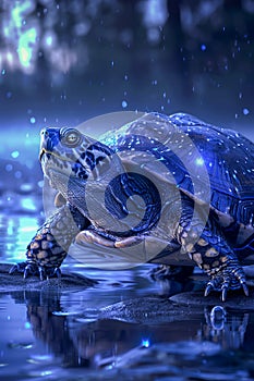 Enchanting Blue Turtle Under Starry Night Sky with Glittering Effect, Magical Wildlife Scene, Artistic Animal Portrait