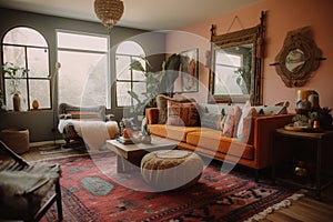 Enchanting Boho Living Room, Natural Materials, Bold Colors, Textured Comfort, Visually Captivating