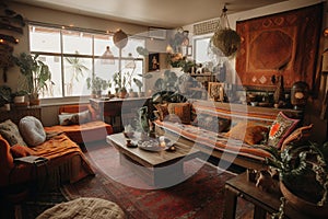 Enchanting Boho Living Room, Natural Materials, Bold Colors, Textured Comfort, Visually Captivating