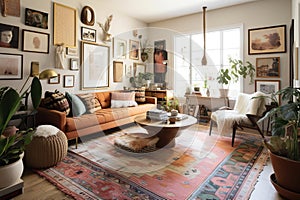 Enchanting Boho Living Room, Natural Materials, Bold Colors, Textured Comfort, Visually Captivating