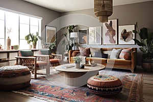 Enchanting Boho Living Room, Natural Materials, Bold Colors, Textured Comfort, Visually Captivating