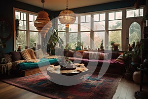 Enchanting Boho Living Room, Natural Materials, Bold Colors, Textured Comfort, Visually Captivating