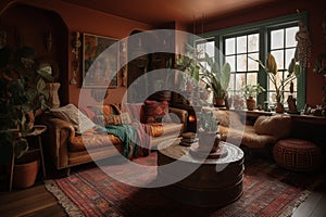 Enchanting Boho Living Room, Natural Materials, Bold Colors, Textured Comfort, Visually Captivating