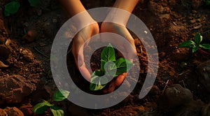 Within the enchanting canvas of a nature park, a child's hands embrace plants.