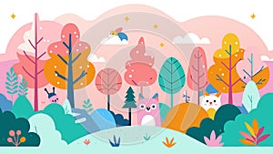 Enchanting Cartoon Forest Landscape with Adorable Animals photo