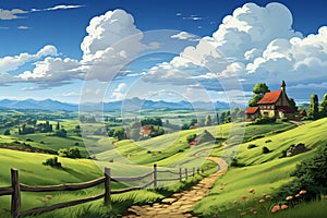 Enchanting cartoon painting, lush green fields, rolling hills, blue sky, fluffy clouds