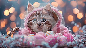 Enchanting cat-bunny with Easter eggs, pastel wonder.