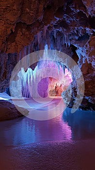 Enchanting cave with colorful stalactites and reflective water