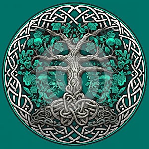 The Enchanting Celtic Tree of Life and Death in Emerald, Generative AI