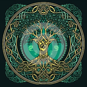 The Enchanting Celtic Tree of Life and Death in Emerald, Generative AI