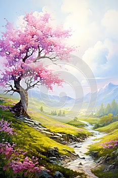 Enchanting Cherry Blossoms: A Pastel Journey Through a Mountain