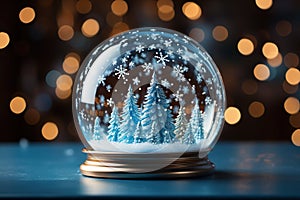 Enchanting Christmas Snow Globe Snowflake with Snowfall on a Dreamy Blue Background - Magical Winter Wonderland. created with