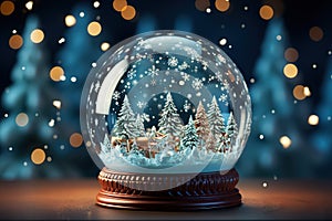 Enchanting Christmas Snow Globe Snowflake with Snowfall on a Dreamy Blue Background - Magical Winter Wonderland. created with