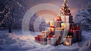 Enchanting Christmas Tree with Snow, Decorations, and Gift Boxes - Festive Holiday Magic