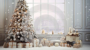 Enchanting Christmas Tree with Snow, Decorations, and Gift Boxes - Festive Holiday Magic