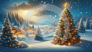 Enchanting Christmas Village and Tree in Snowy Landscape