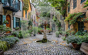 An enchanting cobblestone courtyard graced with a central fountain, surrounded by vibrant potted plants and historical