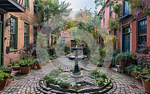 An enchanting cobblestone courtyard graced with a central fountain, surrounded by vibrant potted plants and historical