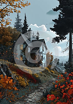 Enchanting Cottage in a Vibrant Alpine Landscape: A Digital Illu