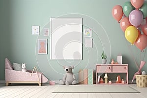 Enchanting 3D-rendered scene of a gender-neutral children\'s room with a mock-up frame photo