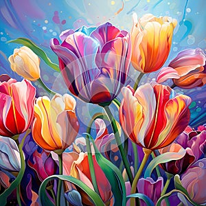 Enchanting Digital Illustration of Vibrant Tulip Blooms with Whimsical Elements