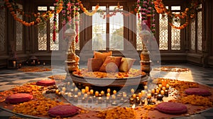 Enchanting Diwali Puja: Vibrant Mandap, Floral Rangoli, and Festive Decor